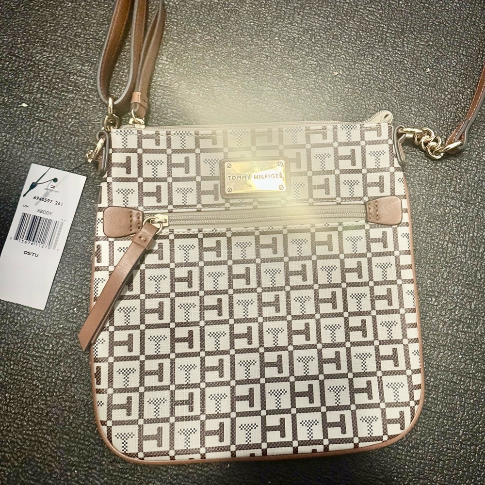 Tommy Hilfiger Beige and Brown Patterned Crossbody Bag